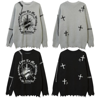 Corazon クロス ダメージ加工 ニットセーター BLACK