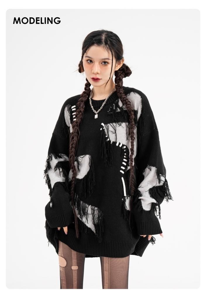 STITCH ステッチ加工 ダメージ ニット プルオーバートップ BLACK – YOU
