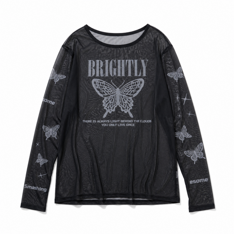 バタフライ 蝶々 チュールシースルー プルオーバー トップス BLACK