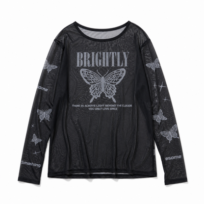 バタフライ 蝶々 チュールシースルー プルオーバー トップス BLACK