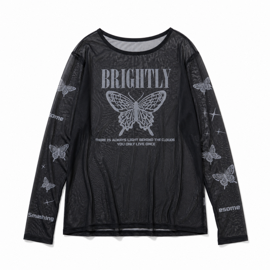 バタフライ 蝶々 チュールシースルー プルオーバー トップス BLACK