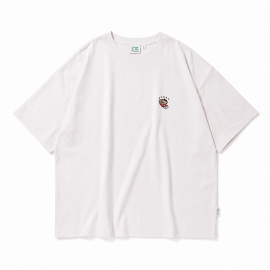 POWER TO THE PEOPLE 梨地ワンポイント ラーメン 刺繍 Tシャツ WHITE
