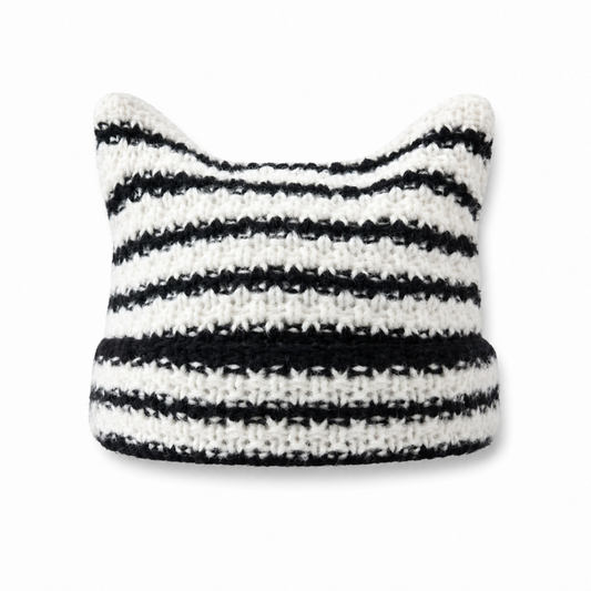 ネコ 猫耳 ニット帽 ビーニー BLACK/WHITE