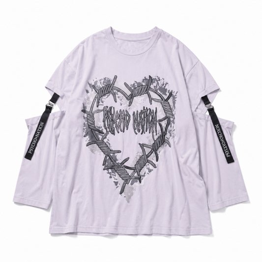 PSYCHO NATION サイコネーション ハートモチーフグラフィック カッティングショルダー テープデザイン 半袖 Tシャツ WHITE