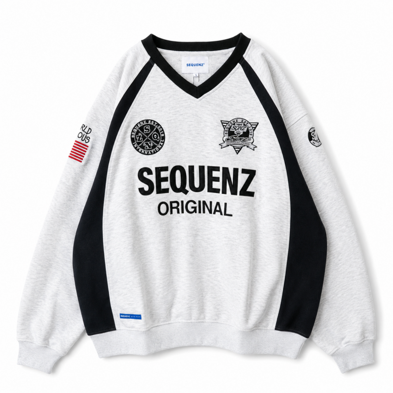 SEQUENZ/PIPING SPORT V/N SWEAT ヘビーポンチ 裏起毛 パイピング スポーツ Vネック スウェット WHITE