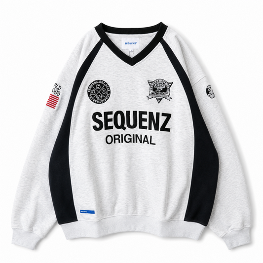 SEQUENZ/PIPING SPORT V/N SWEAT ヘビーポンチ 裏起毛 パイピング スポーツ Vネック スウェット WHITE