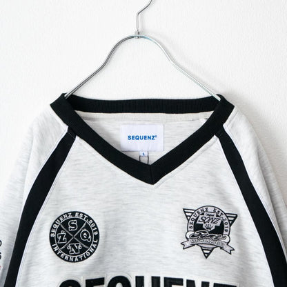 SEQUENZ/PIPING SPORT V/N SWEAT ヘビーポンチ 裏起毛 パイピング スポーツ Vネック スウェット WHITE