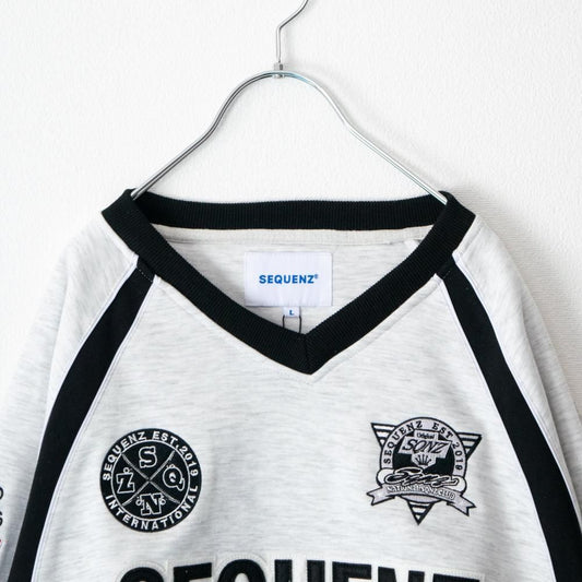 SEQUENZ/PIPING SPORT V/N SWEAT ヘビーポンチ 裏起毛 パイピング スポーツ Vネック スウェット WHITE