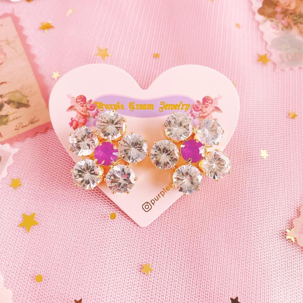 Purple Cream P866 ビジュー フラワー ピアス
