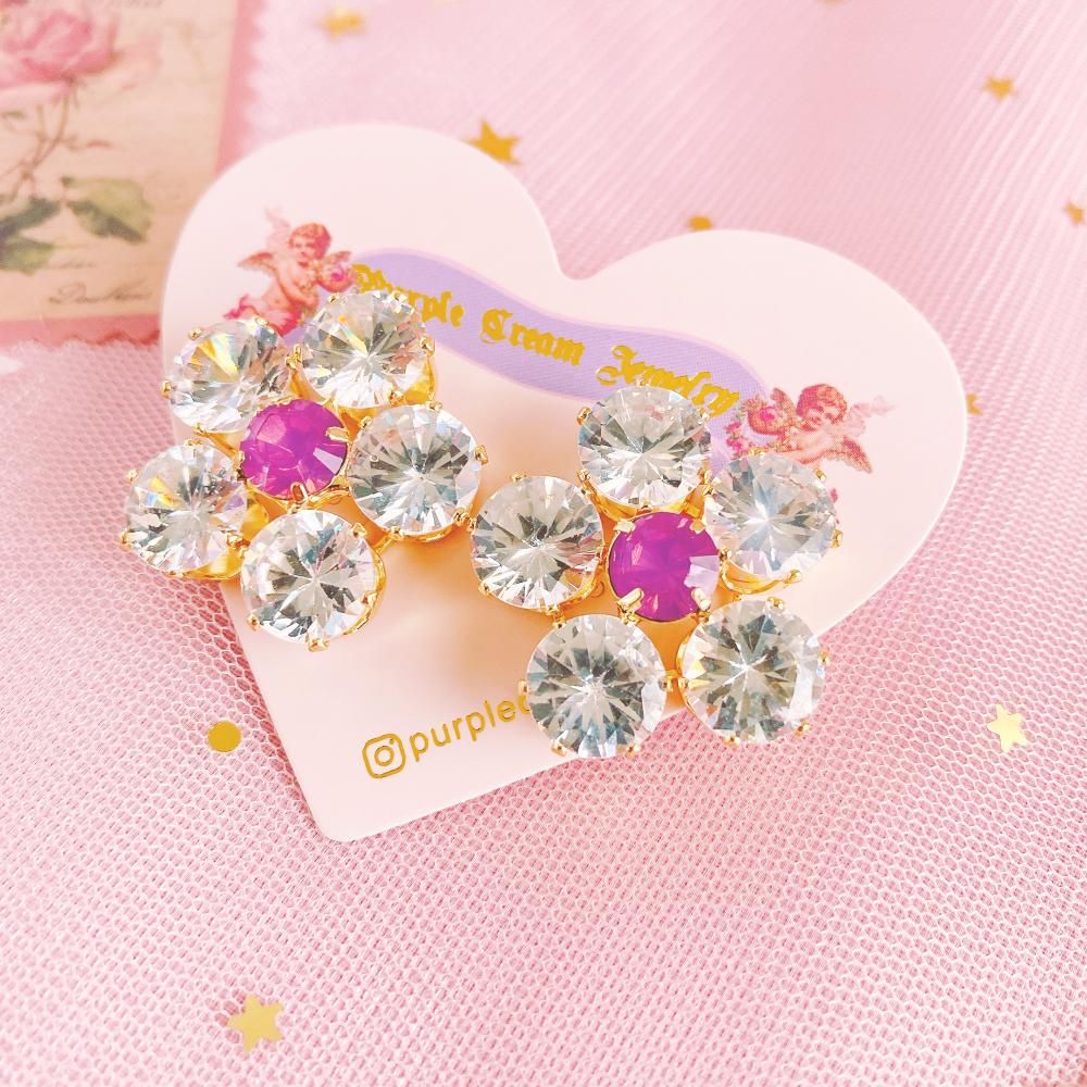 Purple Cream P866 ビジュー フラワー ピアス
