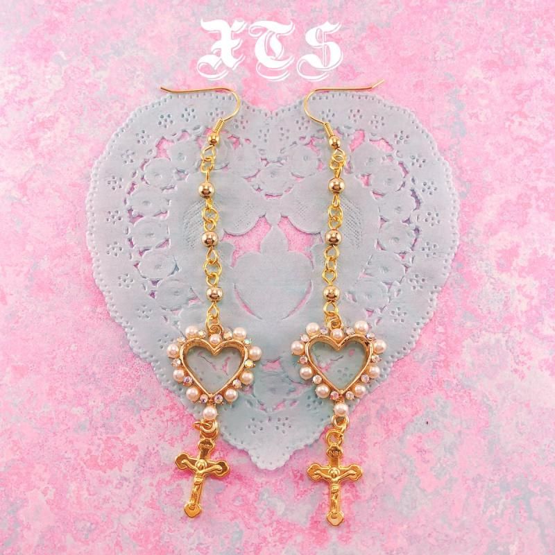 XTS ハート＆クロス ロングイヤリング ピアス GOLD
