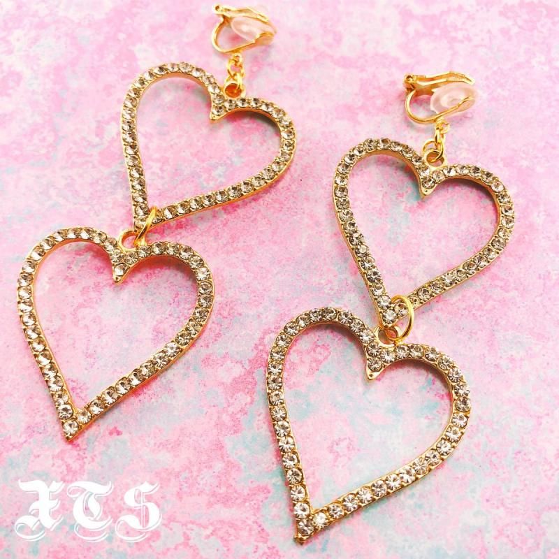 XTS ラインストーン ダブルハート イヤリング ピアス GOLD