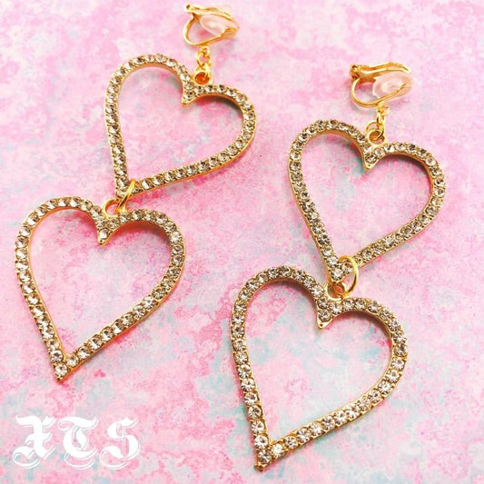 XTS ラインストーン ダブルハート イヤリング ピアス GOLD