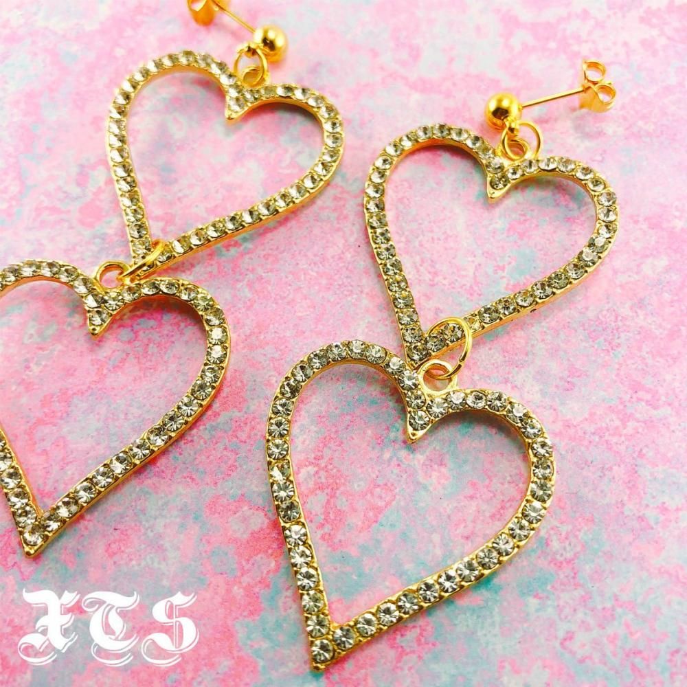 XTS ラインストーン ダブルハート イヤリング ピアス GOLD