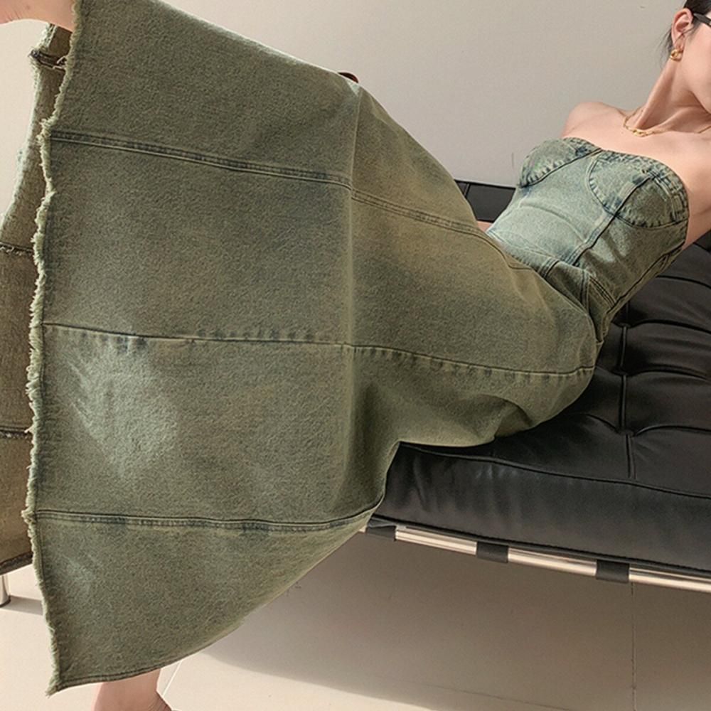 ベアトップデニム マキシ ワンピース BLUE