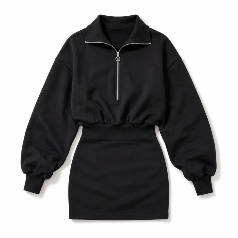 裏毛 ジップアップ ハーフジップ リブ フィットワンピース BLACK
