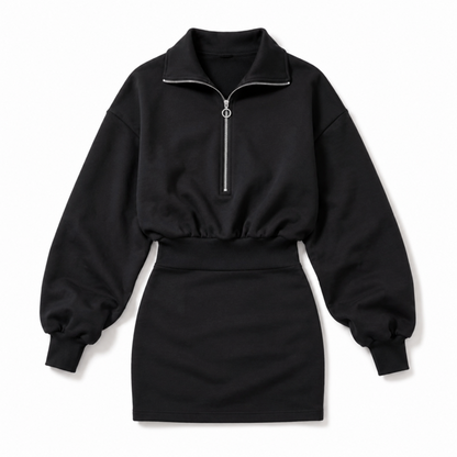 裏毛 ジップアップ ハーフジップ リブ フィットワンピース BLACK