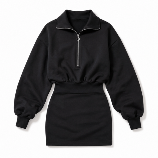 裏毛 ジップアップ ハーフジップ リブ フィットワンピース BLACK