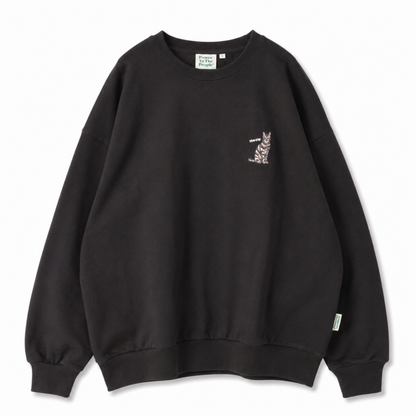 CAT 猫 ワンポイント刺繍 スウェットトップ CHARCOAL