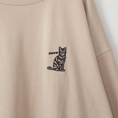 CAT 猫 ワンポイント刺繍 スウェットトップ IVORY