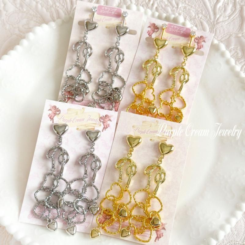 Purple Cream ハートチェーン&リボンピアス・イヤリング P1726