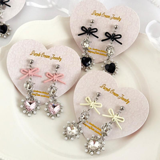 Purple Cream リボンローズ&パールハートシルバーピアス・イヤリング P1653