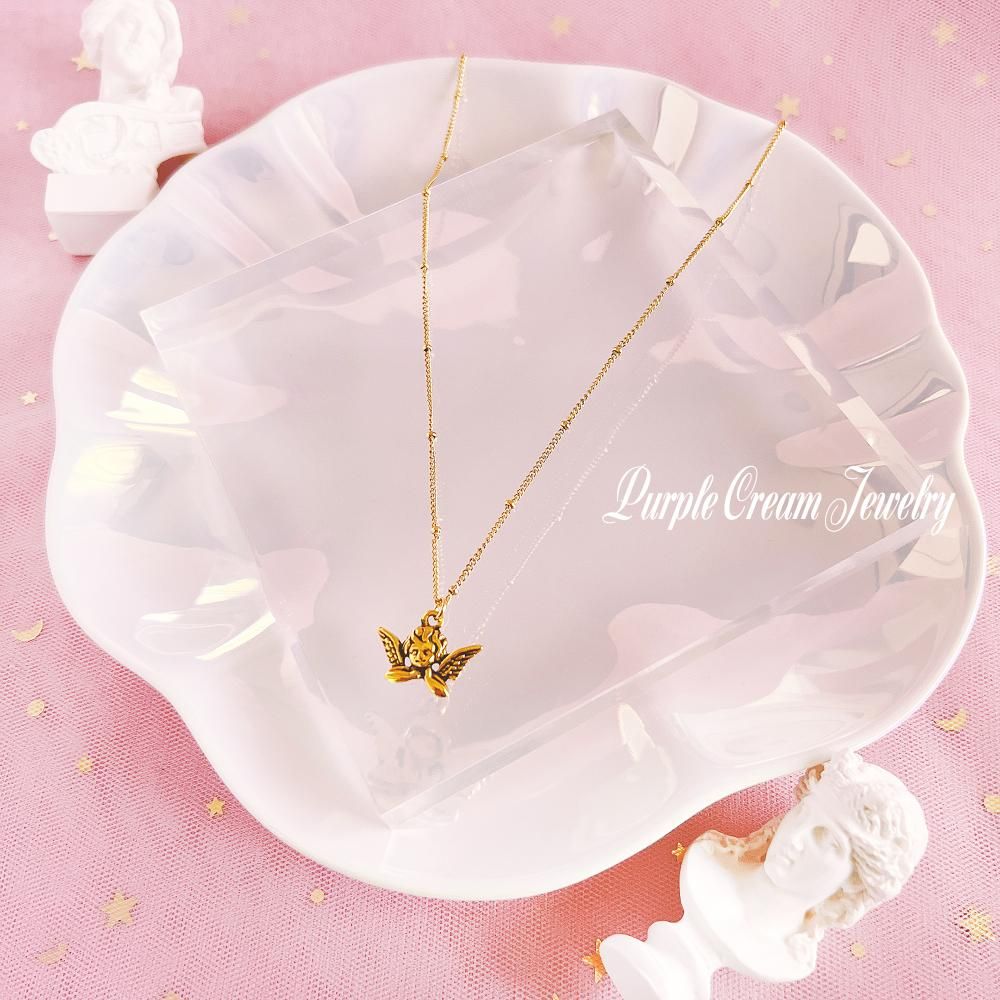 Purple Cream ボールチェーンエンジェルネックレス P1180