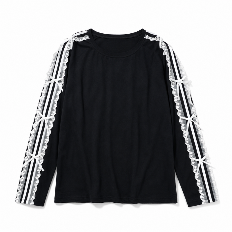 サイドダブルライン レース付き バレエコア ロンT BLACK
