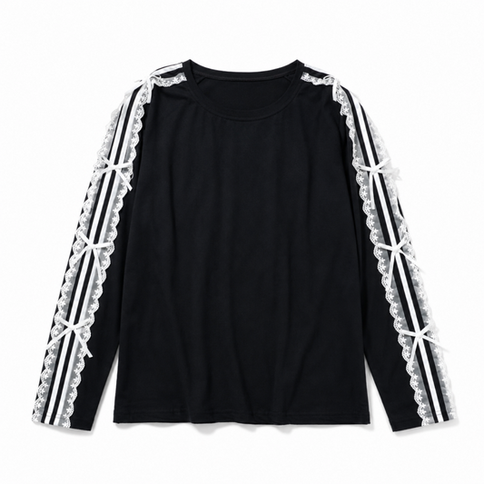 サイドダブルライン レース付き バレエコア ロンT BLACK