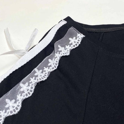 サイドダブルライン レース付き バレエコア ロンT BLACK