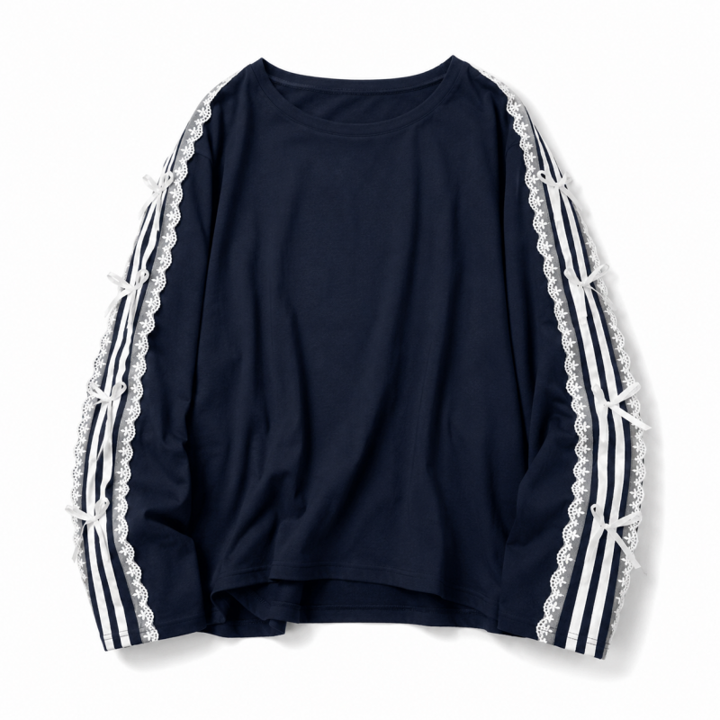 サイドダブルライン レース付き バレエコア ロンT NAVY