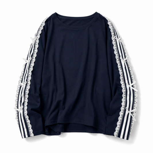 サイドダブルライン レース付き バレエコア ロンT NAVY