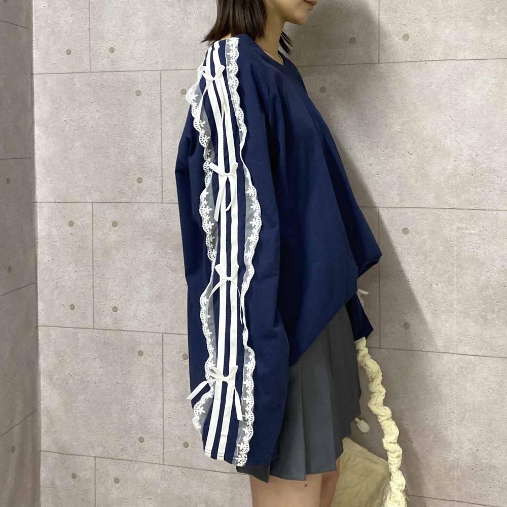 サイドダブルライン レース付き バレエコア ロンT NAVY