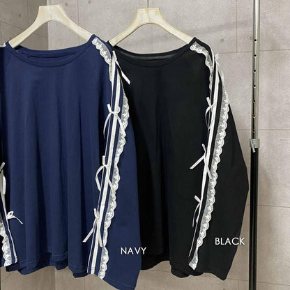 サイドダブルライン レース付き バレエコア ロンT NAVY