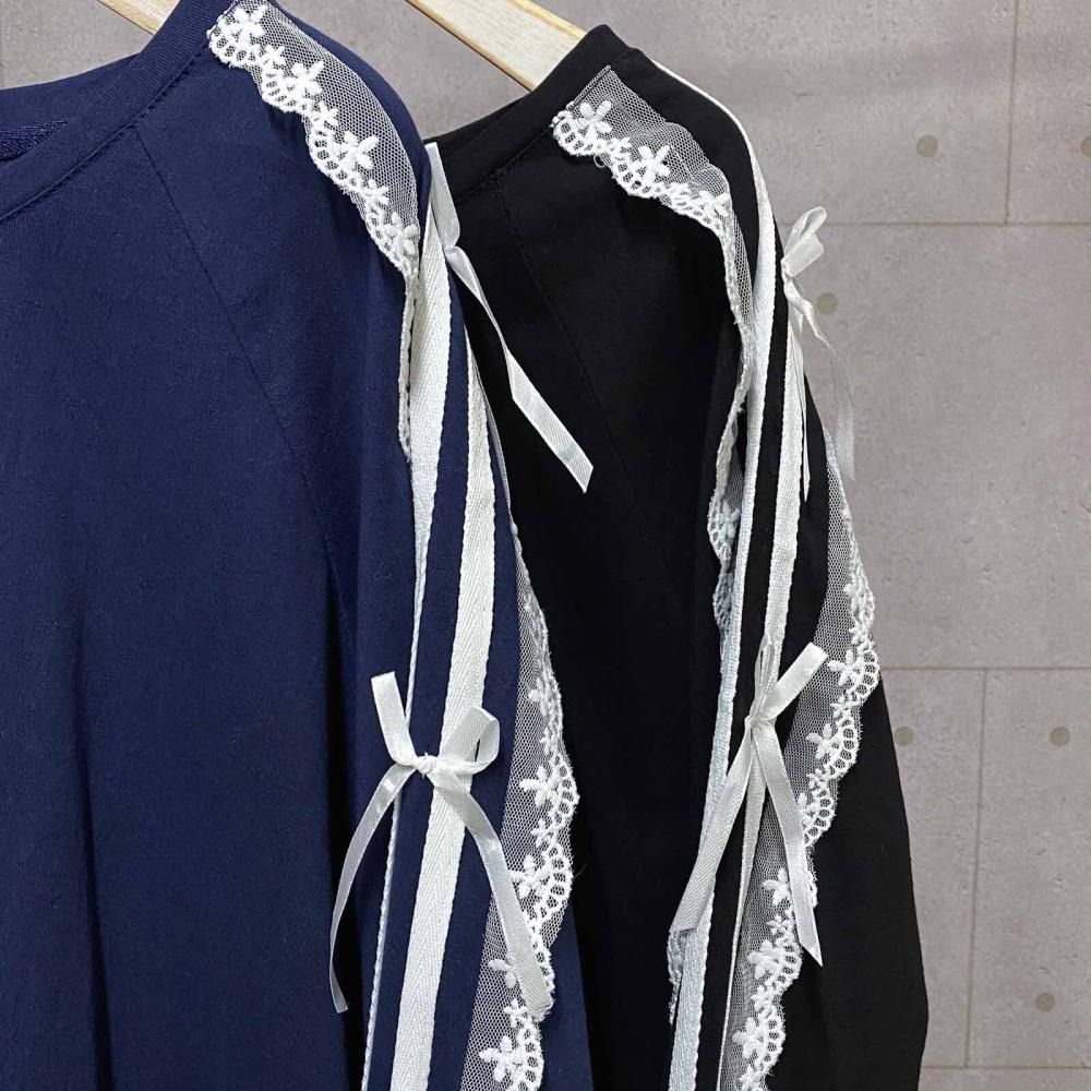 サイドダブルライン レース付き バレエコア ロンT NAVY