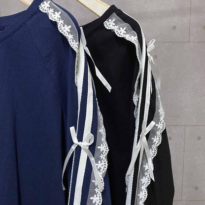 サイドダブルライン レース付き バレエコア ロンT NAVY