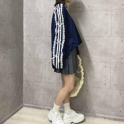 サイドダブルライン レース付き バレエコア ロンT NAVY
