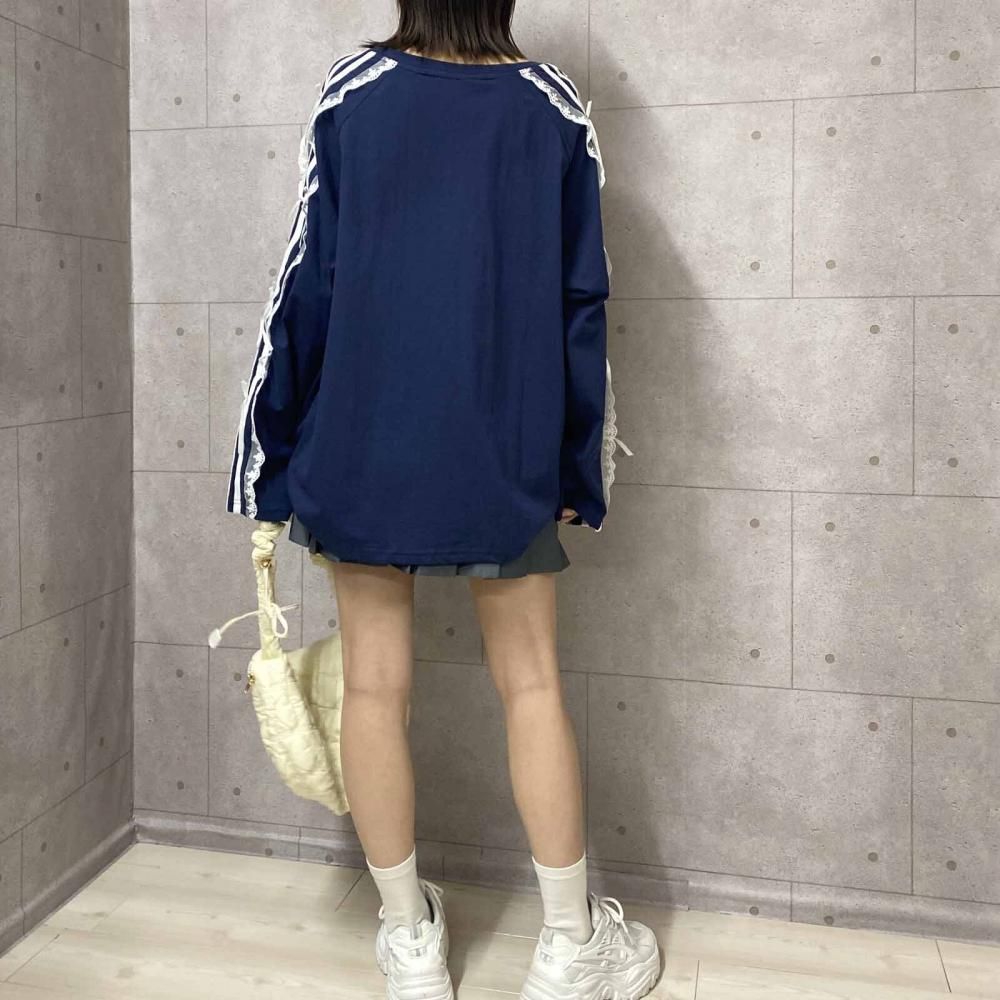 サイドダブルライン レース付き バレエコア ロンT NAVY
