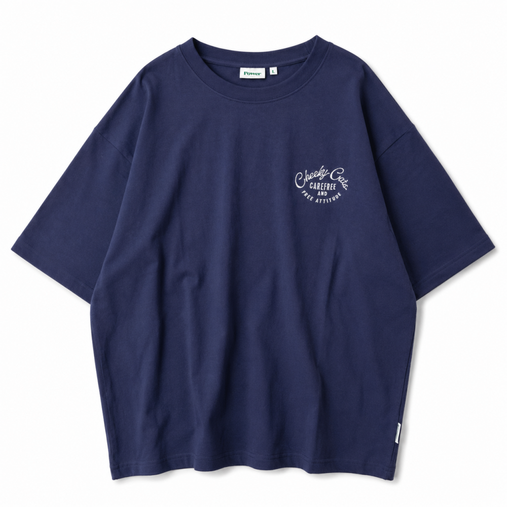 POWER TO THE PEOPLE チルネコ 刺繍 Tシャツ NAVY