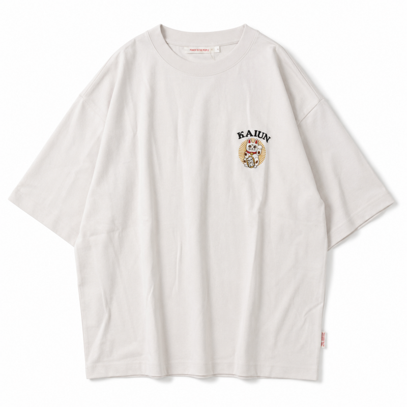 POWER TO THE PEOPLE JAPAN Series 梨地 和柄ワンポイント 刺繍 Tシャツ 招き猫 OFF WHITE