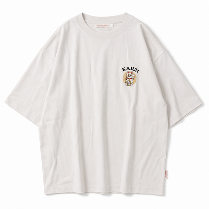 POWER TO THE PEOPLE JAPAN Series 梨地 和柄ワンポイント 刺繍 Tシャツ 招き猫 OFF WHITE