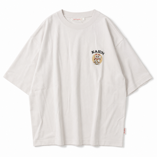 POWER TO THE PEOPLE JAPAN Series 梨地 和柄ワンポイント 刺繍 Tシャツ 招き猫 OFF WHITE
