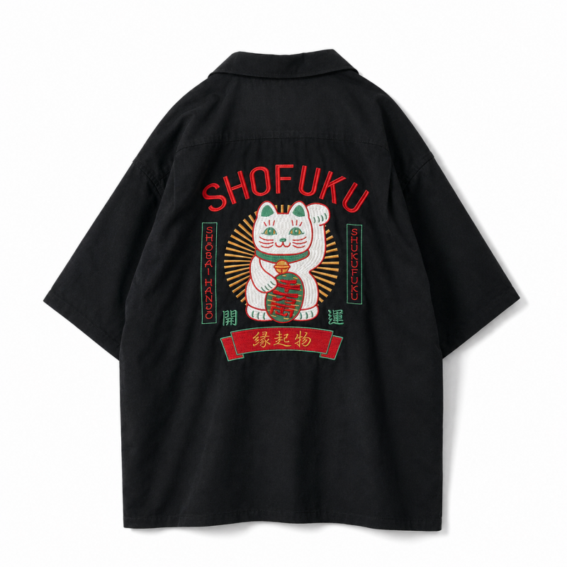 POWER TO THE PEOPLE JAPAN Series MANEKINEKO 開襟 半袖シャツ BLACK