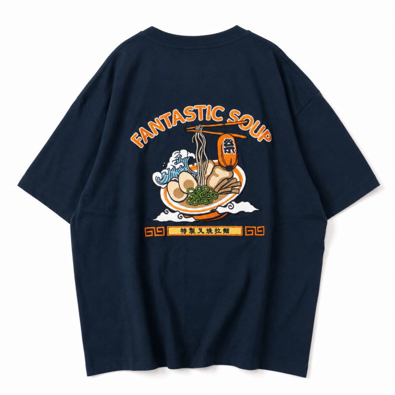POWER TO THE PEOPLE JAPAN Series 梨地 RAMEN 刺繍 Tシャツ NAVY
