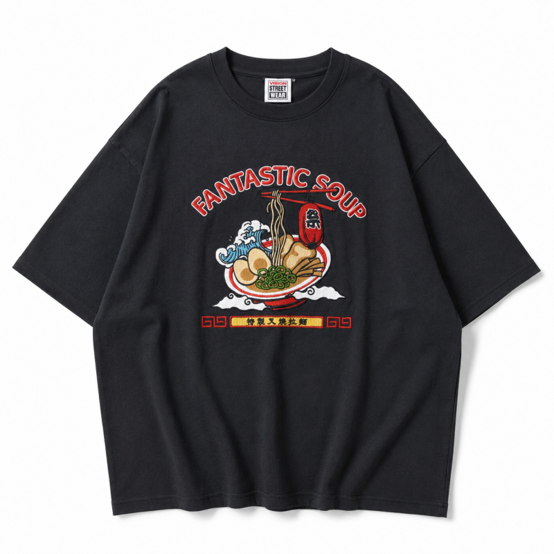 POWER TO THE PEOPLE JAPAN Series 梨地 RAMEN 刺繍 Tシャツ BLACK