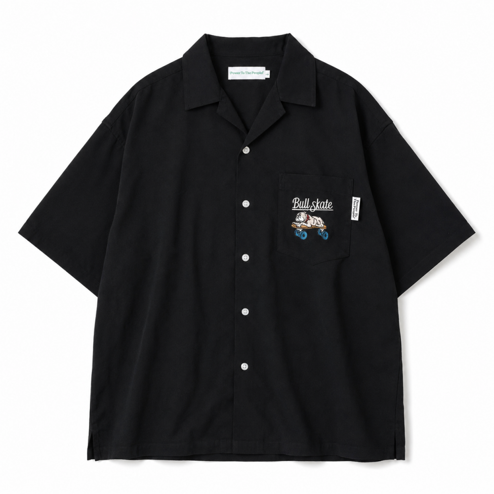 POWER TO THE PEOPLE スケートブルドッグ開襟 半袖シャツ BLACK