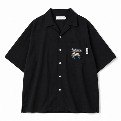 POWER TO THE PEOPLE スケートブルドッグ開襟 半袖シャツ BLACK