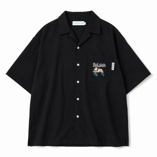 POWER TO THE PEOPLE スケートブルドッグ開襟 半袖シャツ BLACK
