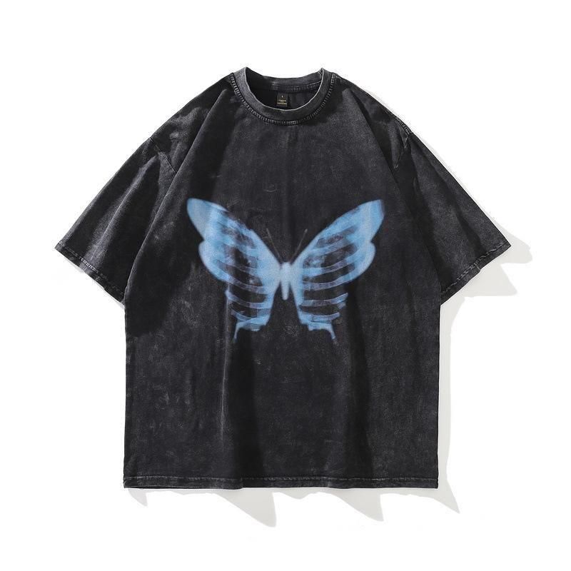 X-RAY 蝶々 ウォッシュ加工 ユニセックス Tシャツ BLACK CT6951
