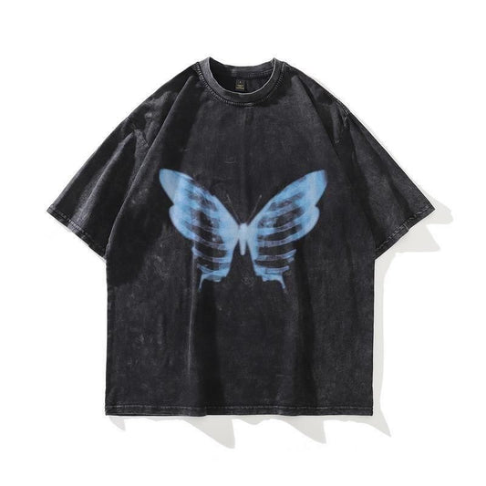 X-RAY 蝶々 ウォッシュ加工 ユニセックス Tシャツ BLACK CT6951